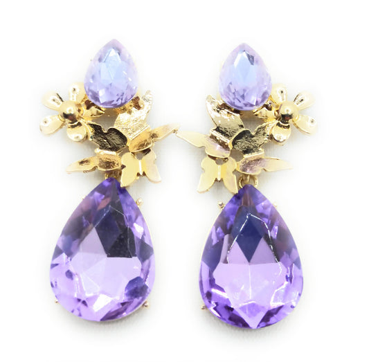 Pendientes Dorados con Cristales Brillantes Lágrima · Mariposas Lavanda