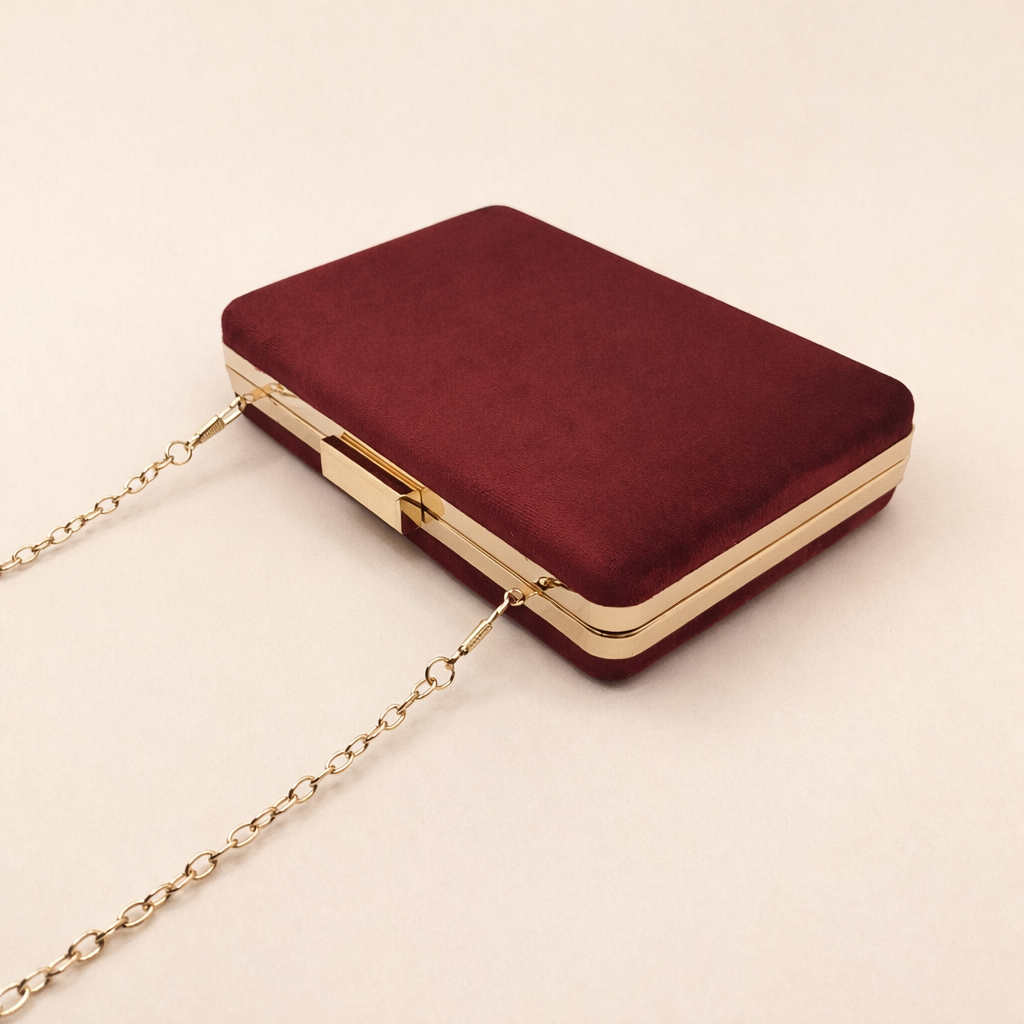 Bolso de fiesta burdeos de terciopelo con cadena dorada – Clutch elegante