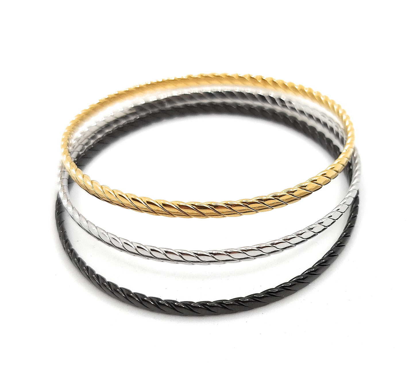 Set de 3 Pulseras Individuales Texturizadas · Oro Amarillo, Plata y Negro