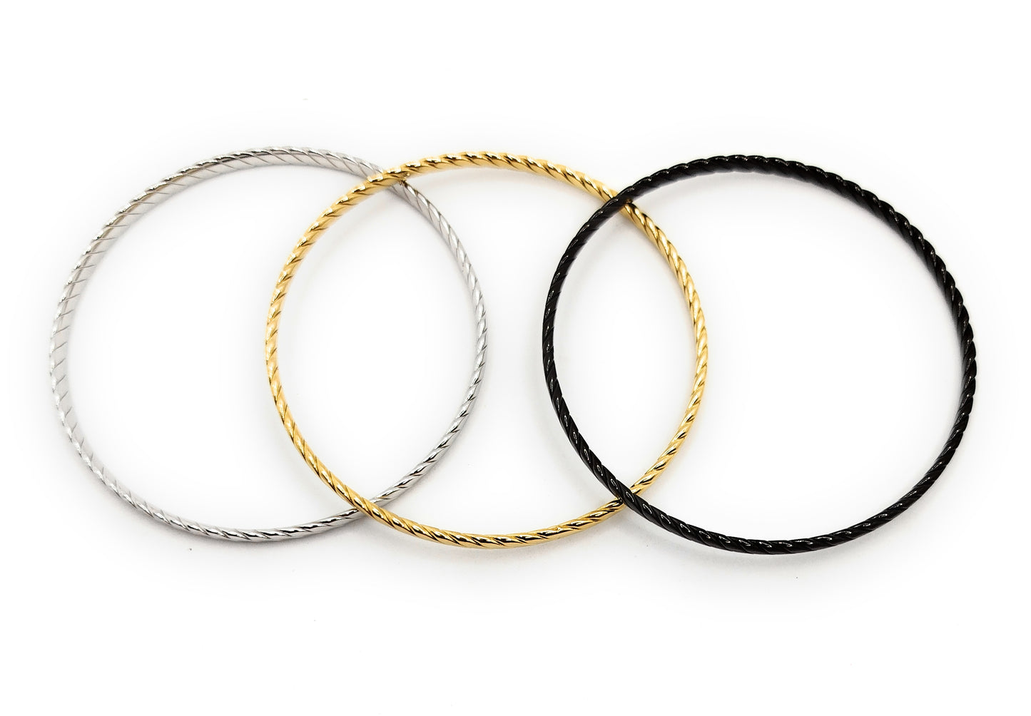 Set de 3 Pulseras Individuales Texturizadas · Oro Amarillo, Plata y Negro
