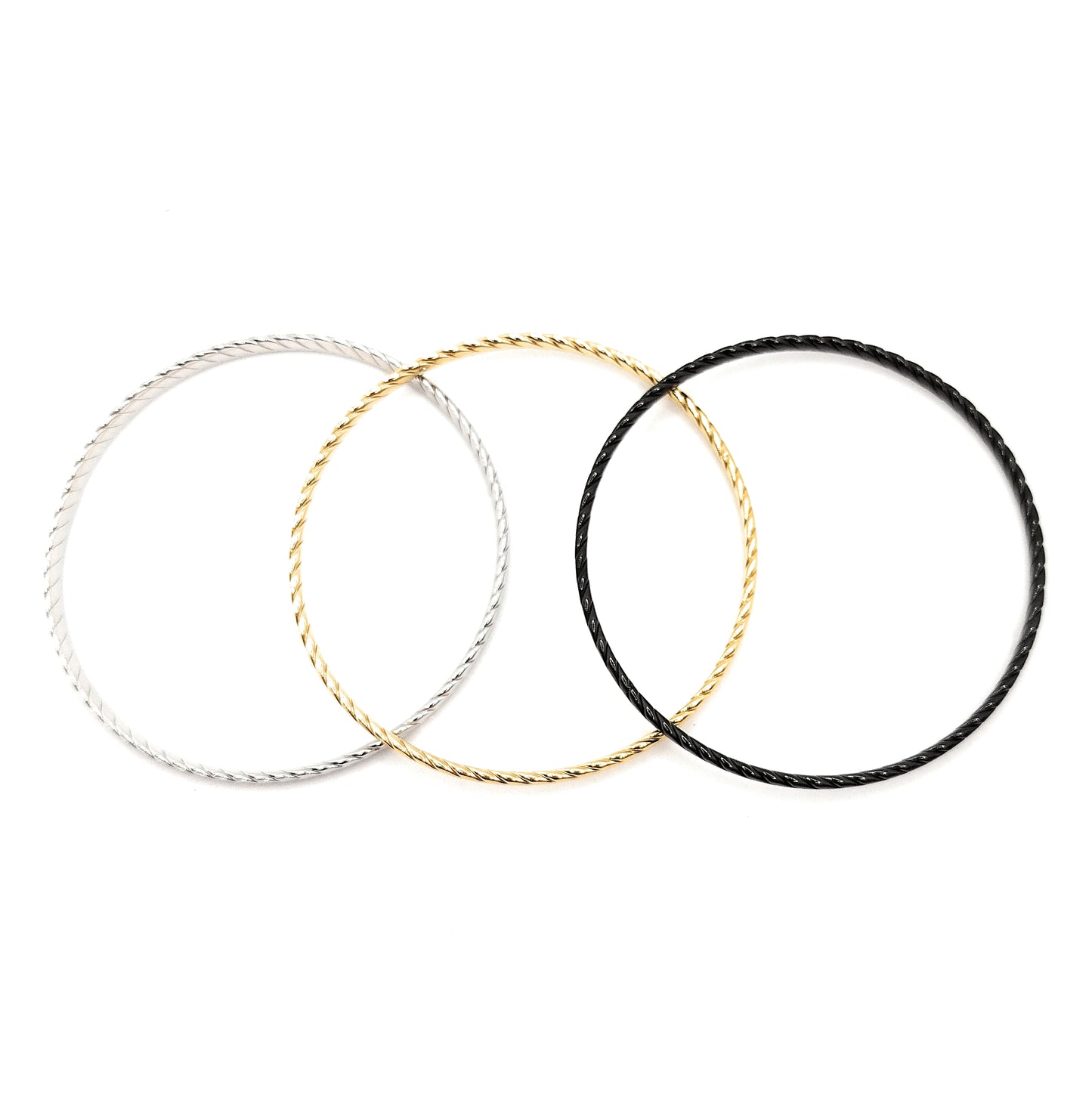 Set de 3 Pulseras Individuales Texturizadas · Oro Amarillo, Plata y Negro