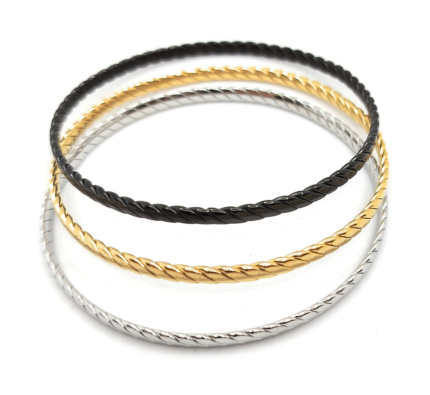 Set de 3 Pulseras Individuales Texturizadas · Oro Amarillo, Plata y Negro