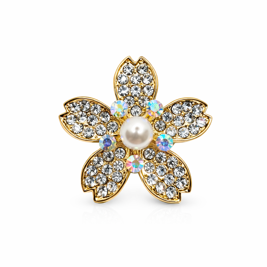 Broche joya dorada en forma de flor con perla central y cristales