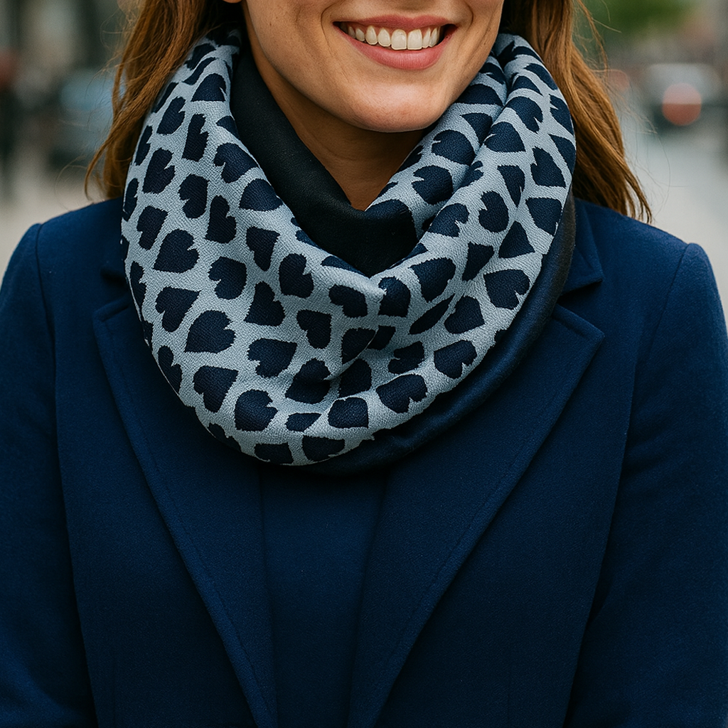 Bufanda Infinita Cuello Mujer Reversible · Corazones/Azul