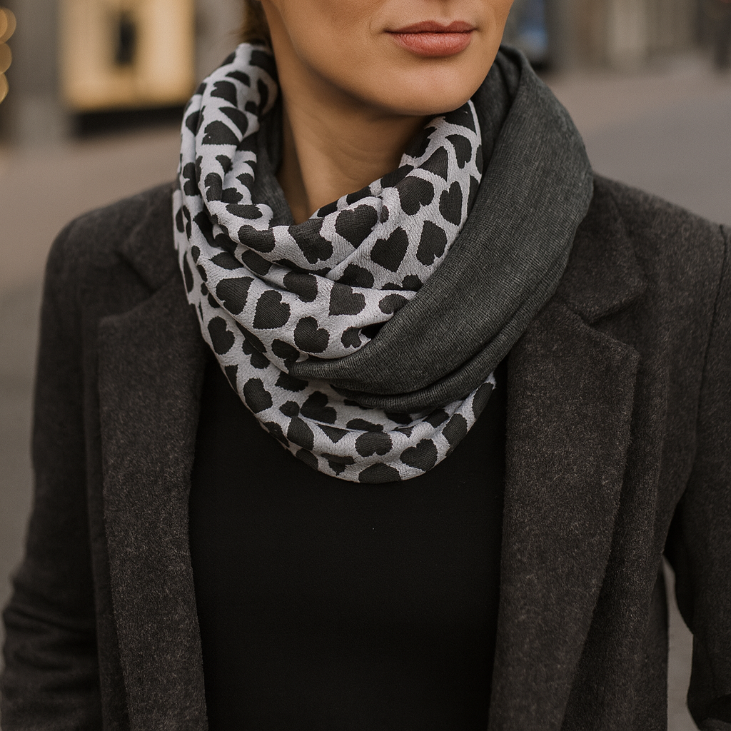 Bufanda Infinita Cuello Mujer Reversible · Corazones/Antracita