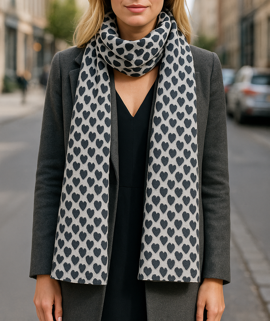 Bufanda Grande Reversible · Corazones Negro Blanco