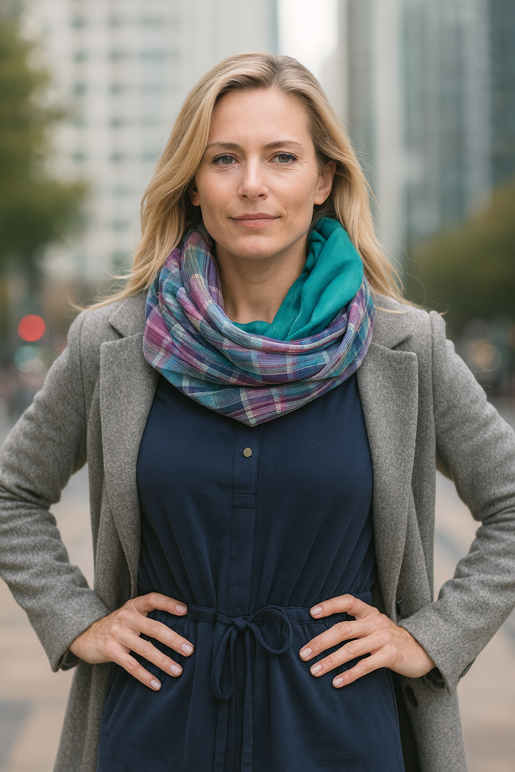 Bufanda Cuello Reversible · Cuadrados Multicolor/Turquesa