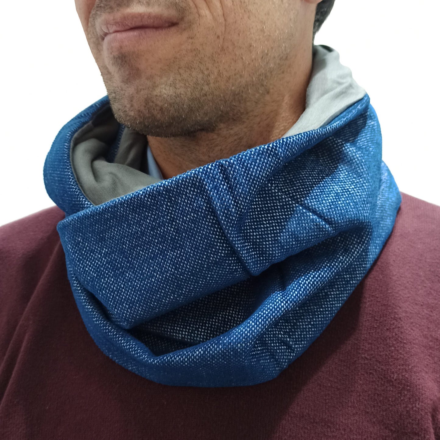 Bufanda Infinita Cuello Hombre · Puntitos Azul, Revés Oliva