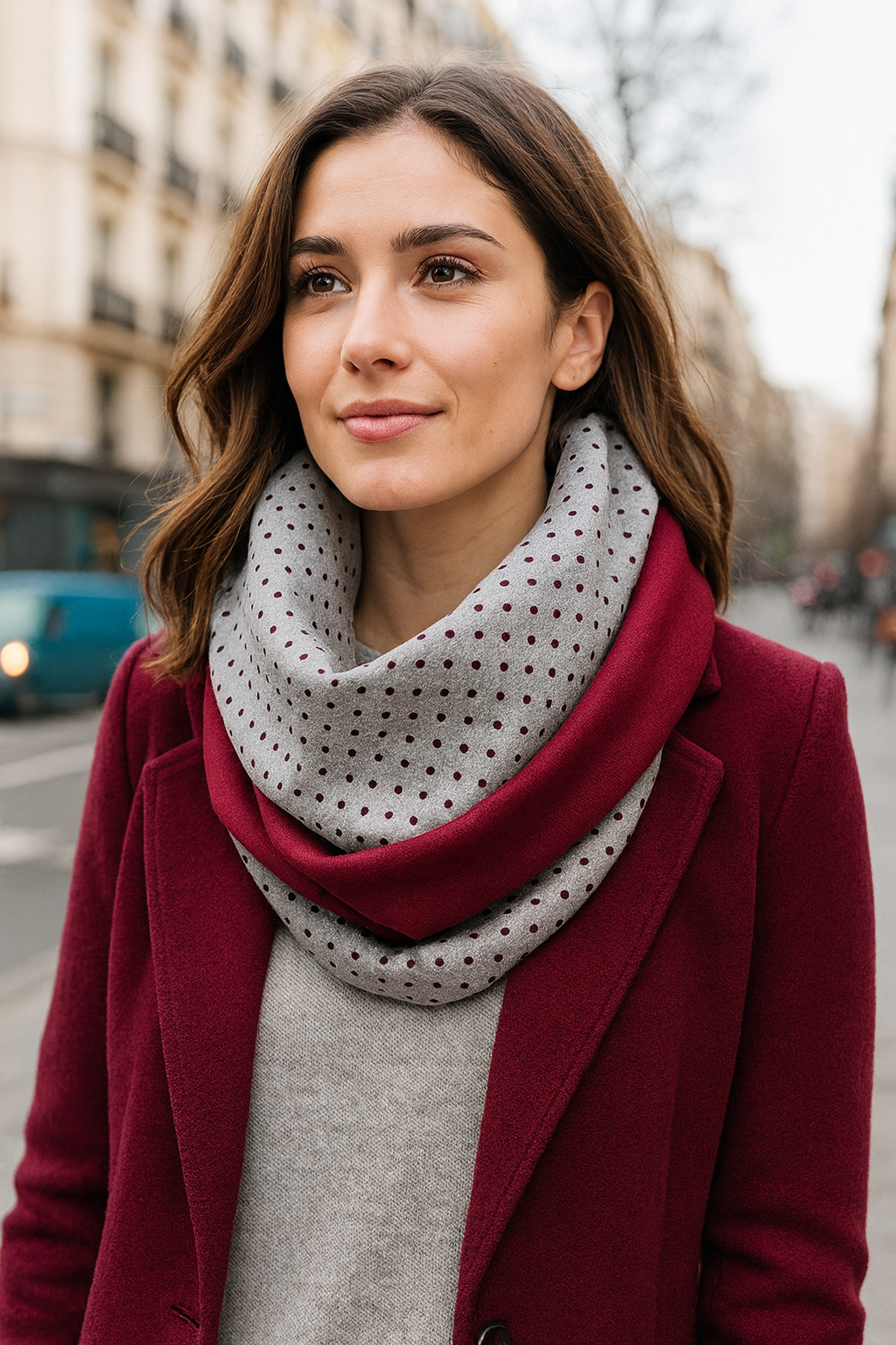 Bufanda Infinita Cuello Mujer Reversible · Lunares Gris/Burdeos