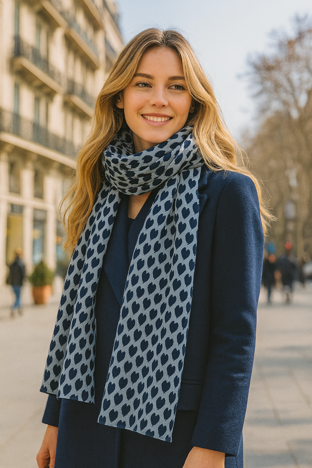 Bufanda Grande Reversible · Corazones Azul