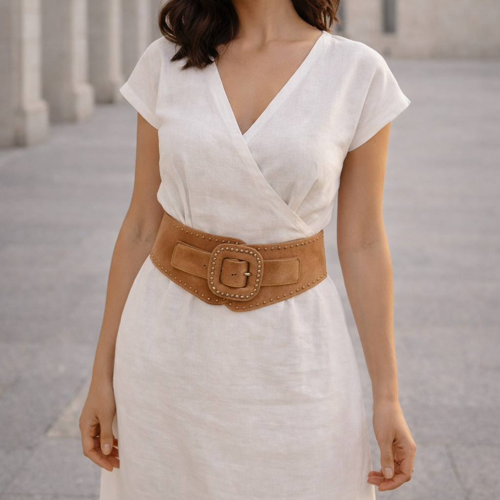Cinturón de ante elástico Marrón con tachuelas · Talla regulable S/M