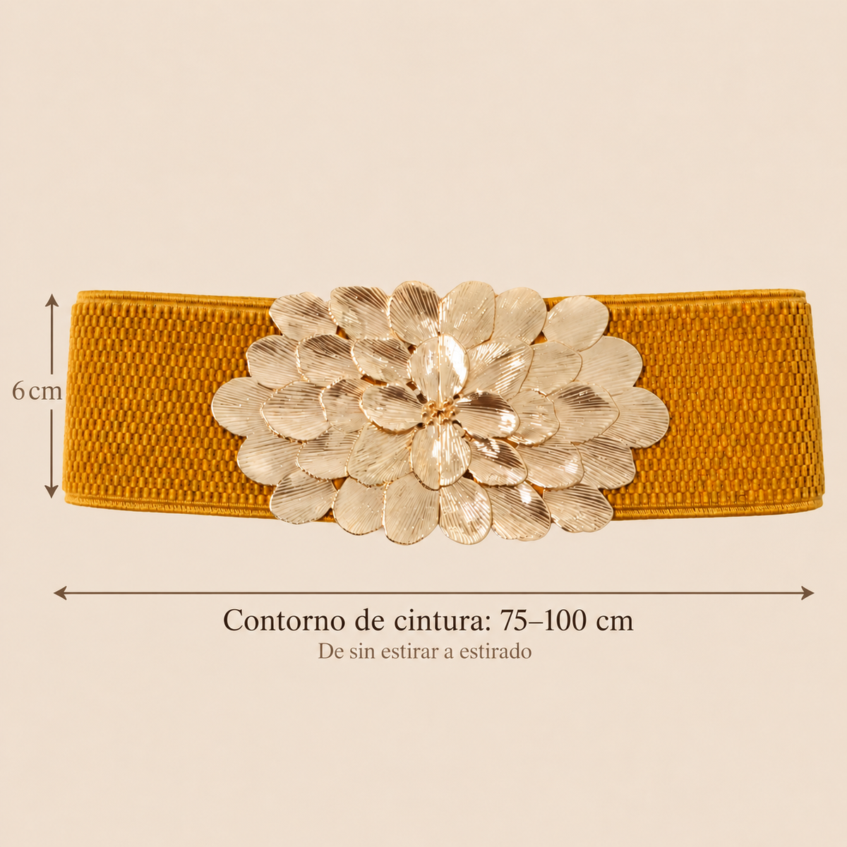 Cinturón elástico mostaza con hebilla de flor dorada