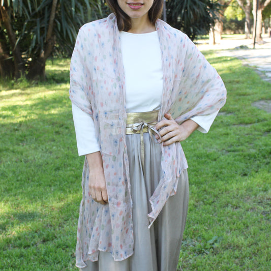 Chal Fular de Seda Natural Rosa con Lunares Multicolor – Exclusivo y Artesanal · Seda Natural 100% (última unidad!)