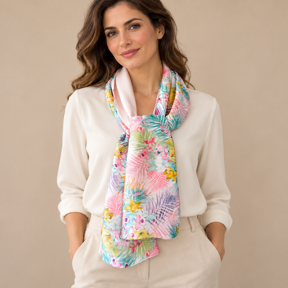 Satinschal mit Blumenmuster – Handgefertigte Eleganz aus Sevilla · Orchidee (50 x 150 cm)