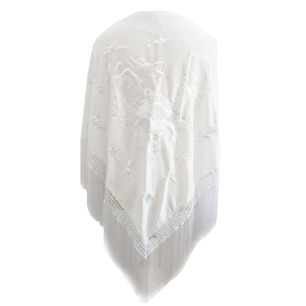 Mantón Flamenco Grande · Blanco Bordado Blanco (175 x 85cm) última unidad!