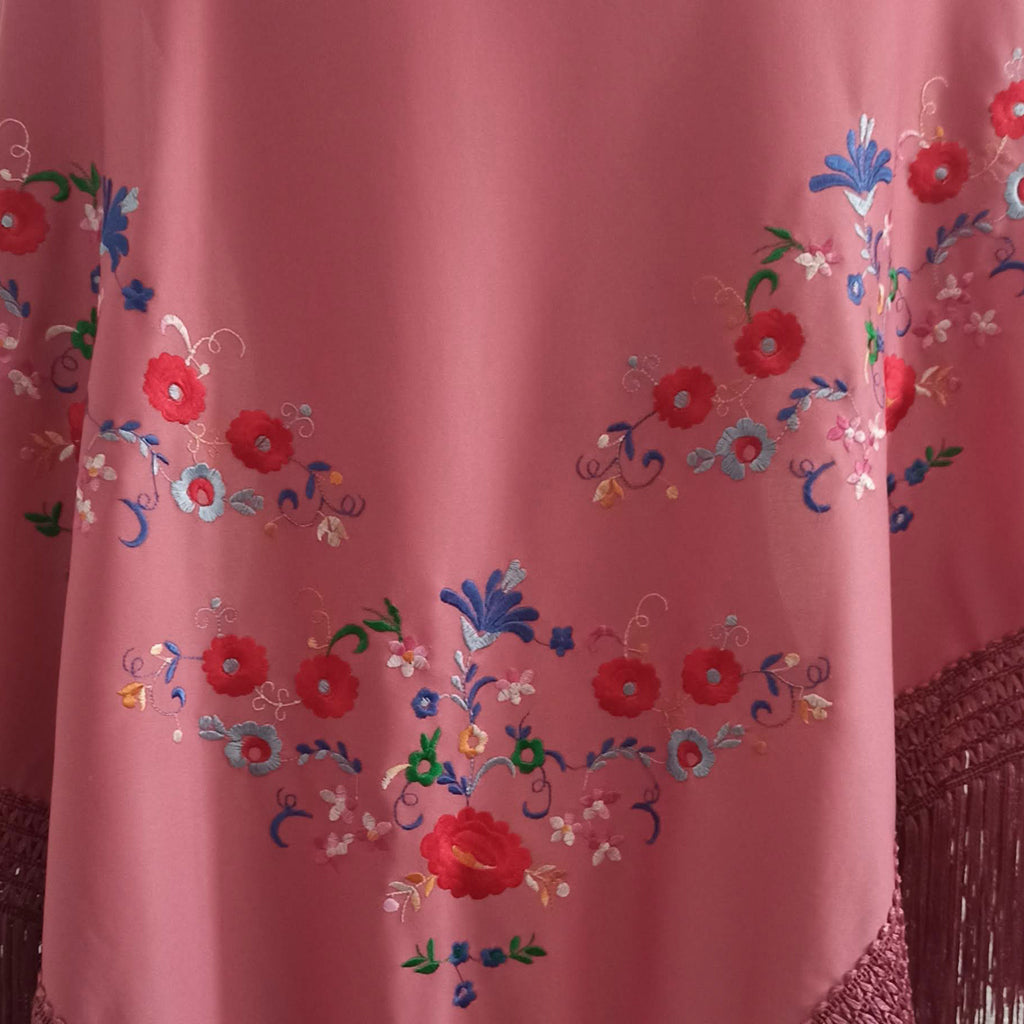Mantón Flamenco Grande · Rosa Viejo Bordado Florecitas (175 x 85cm)