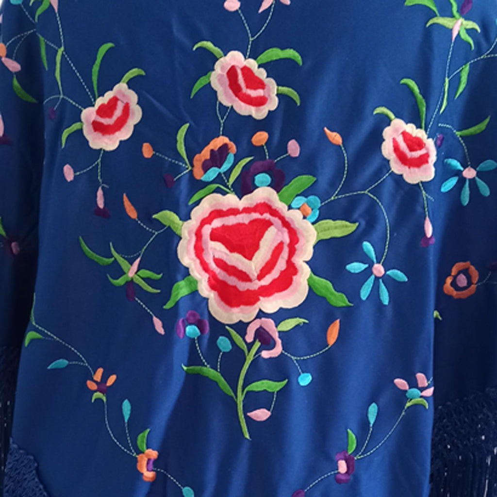 Mantón Flamenco Grande · Bordado Multicolor Flor Grande Azul (175 x 85cm)