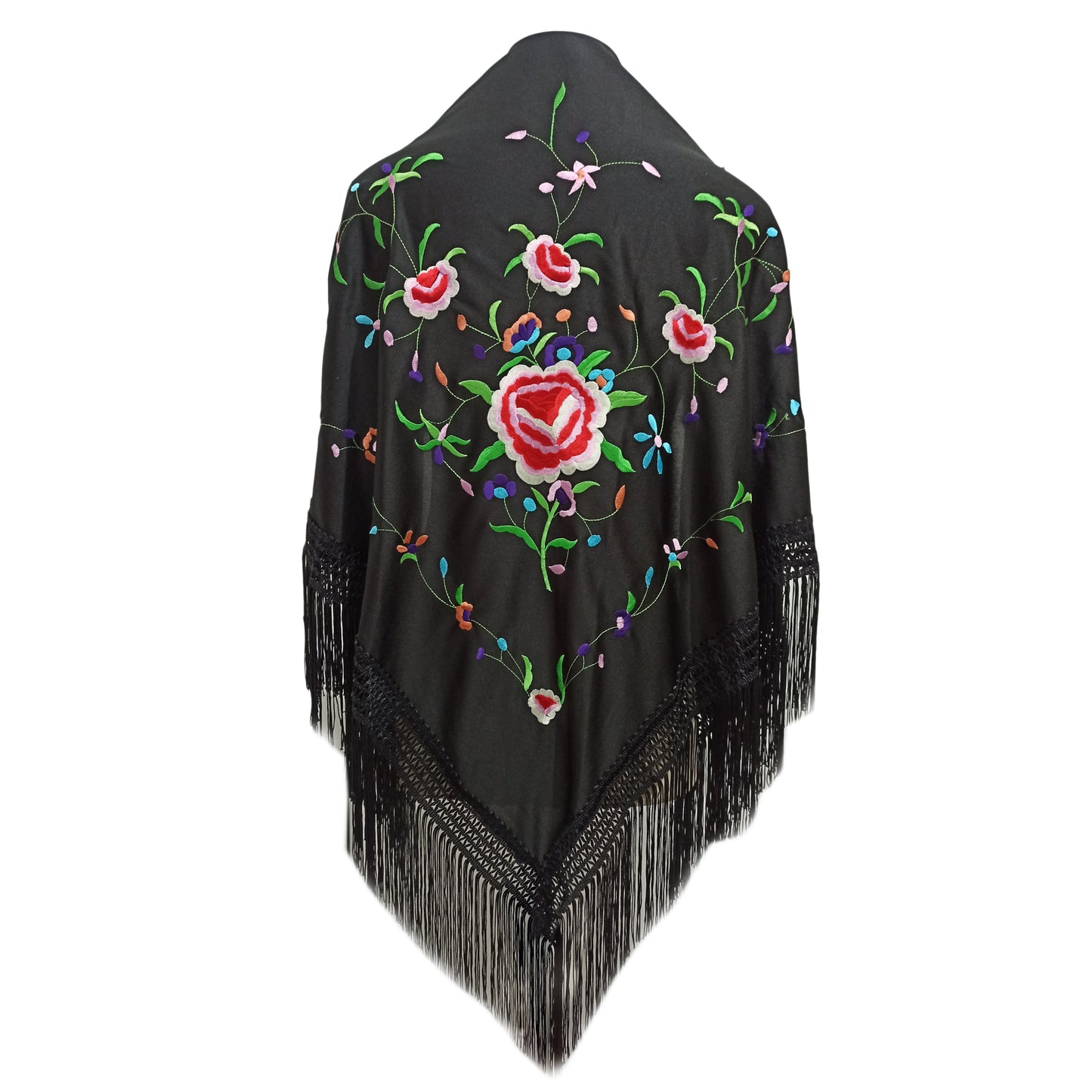 Mantón Flamenco Grande Bordado · Negro Multicolor Flor Grande (160 x 85cm) últimas unidades!