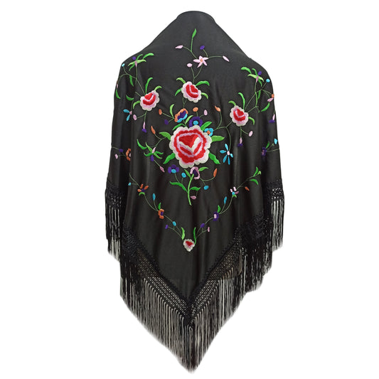 Mantón Flamenco Grande Bordado · Negro Multicolor Flor Grande (175 x 85cm)