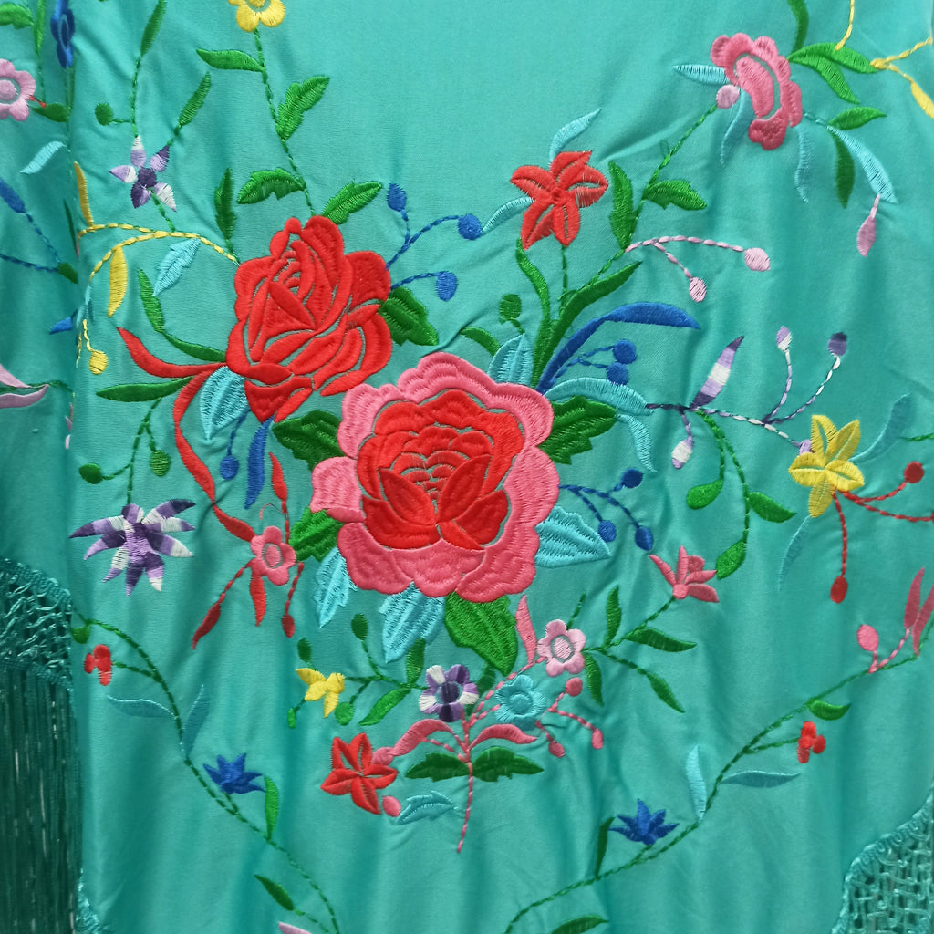 Mantón Flamenco Grande Bordado · Turquesa Multicolor XL (200 x 85cm)