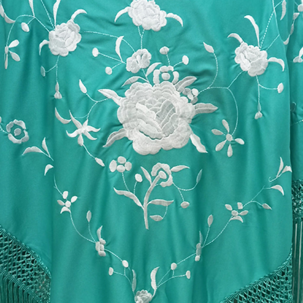 Mantón Flamenco Grande Bordado · Turquesa Blanco (160 x 85cm)