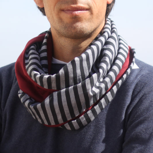Bufanda Cuello Hombre · Rayas Negro Gris, Revés Burdeos