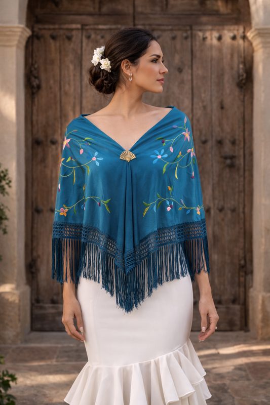 Mantón Flamenco Grande Bordado · Gran Flor Azul Petrol (160 x 85 cm)
