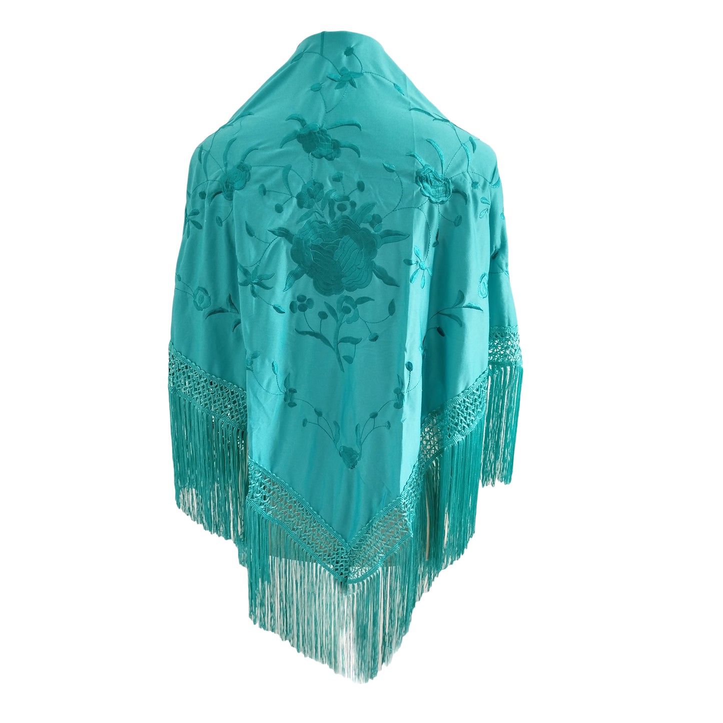 Mantón Flamenco Grande Bordado · Turquesa Monocolor Gran Flor (160 x 85cm)