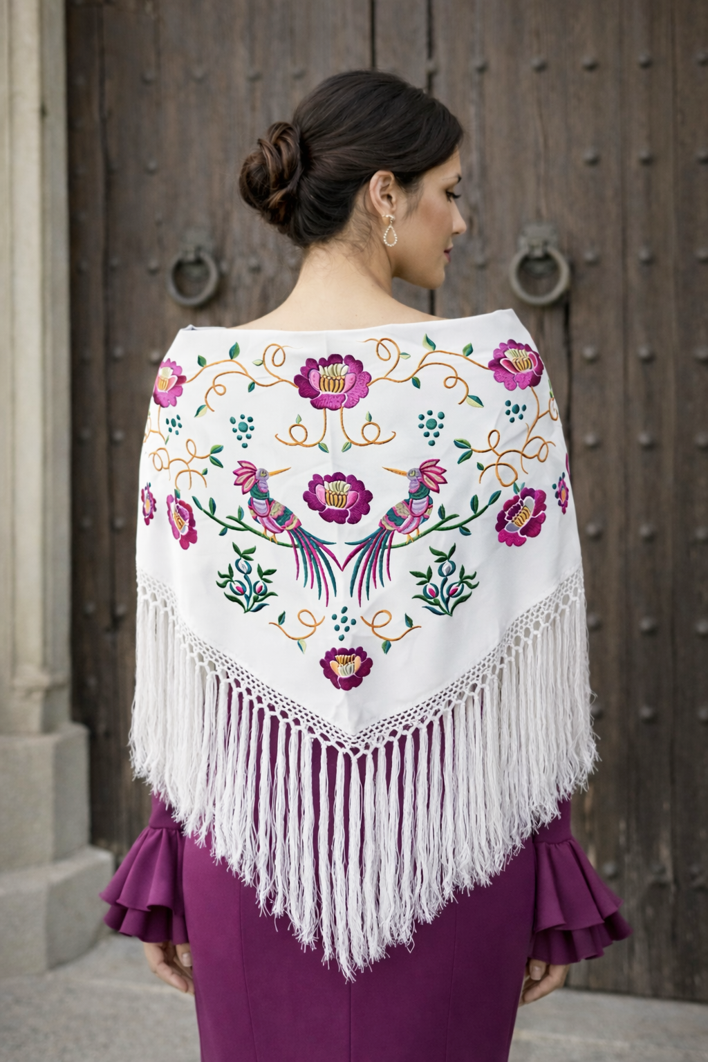 Großer, bestickter Flamenco-Schal · Seifengrün, mehrfarbig, große Blume (160 x 85 cm)