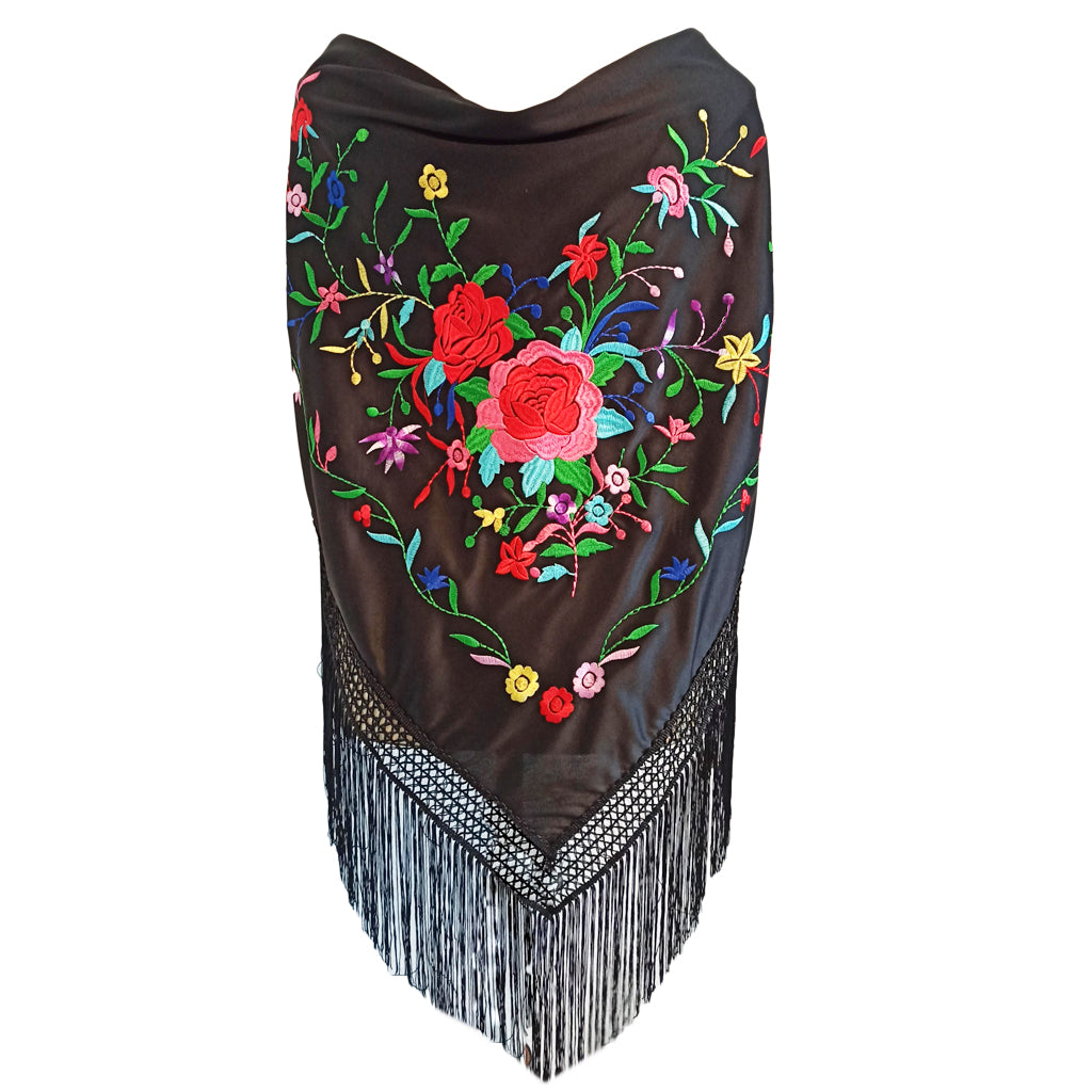 Mantón Flamenco Grande Bordado · Negro Multicolor Floral (175 x 85cm)
