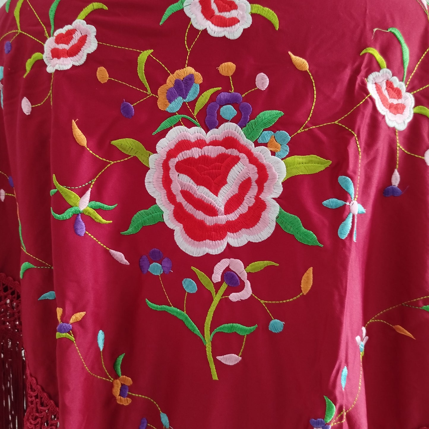 Mantón Flamenco Grande Bordado · Burdeos Multicolor Gran Flor (160 x 85cm)