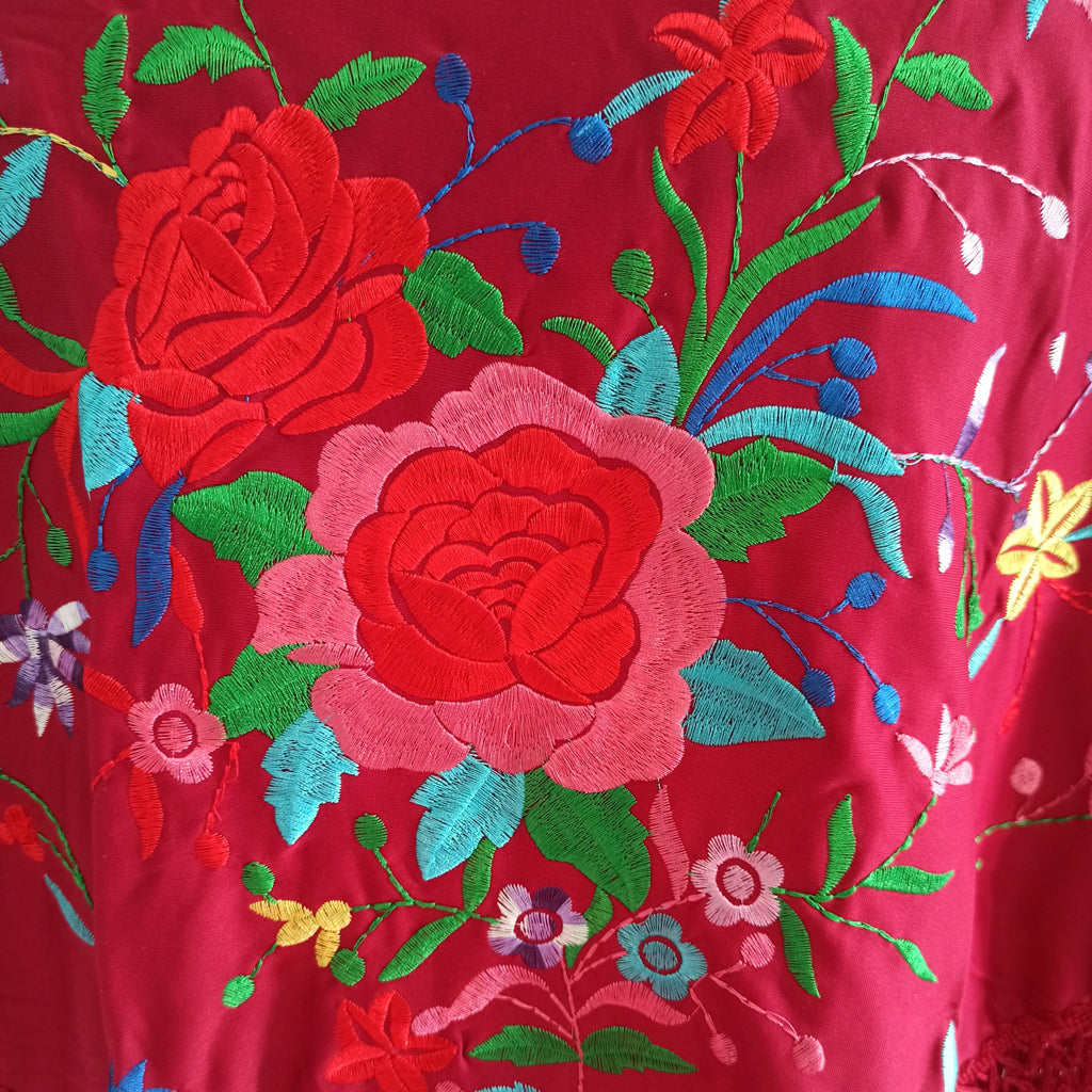 Mantón Flamenco Grande Bordado · Burdeos Multicolor Floral (160 x 85cm)