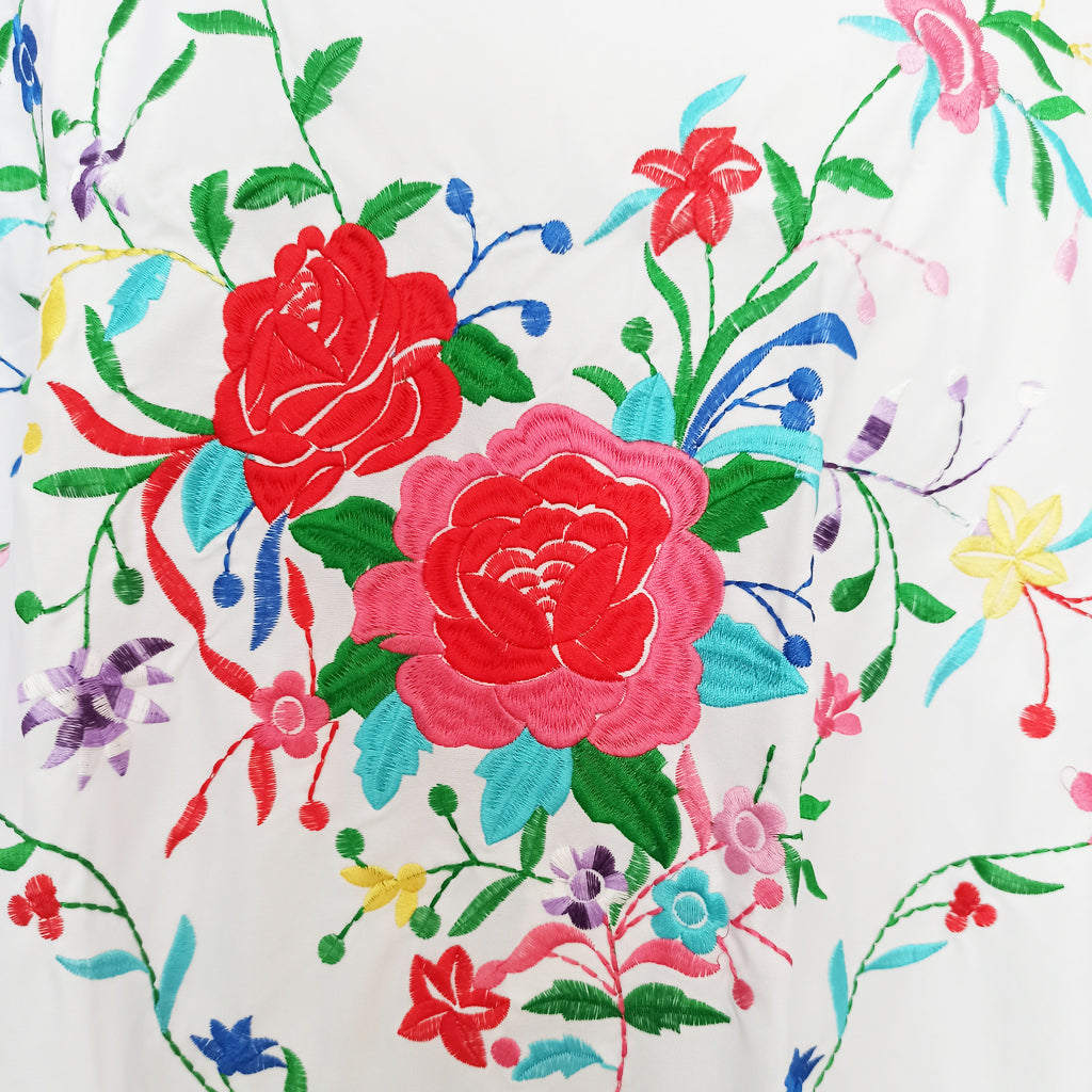 Mantón Flamenco Grande Bordado · Blanco Multicolor Floral (160 x 85cm) última unidad!