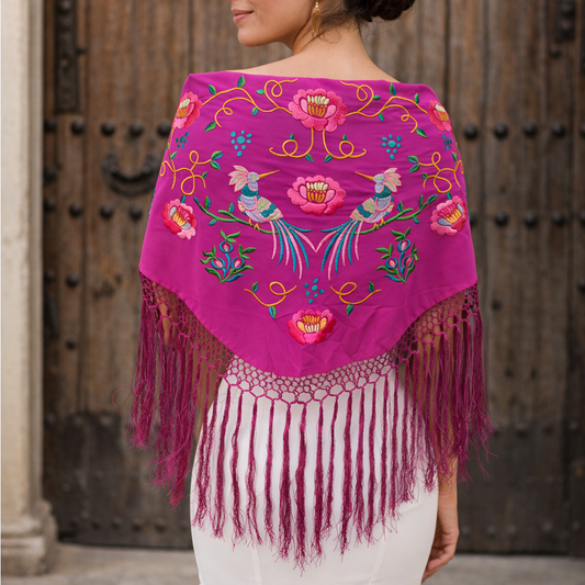 Mantón Flamenco Bordado Premium · Fucsia Multicolor (133 x 50 cm)