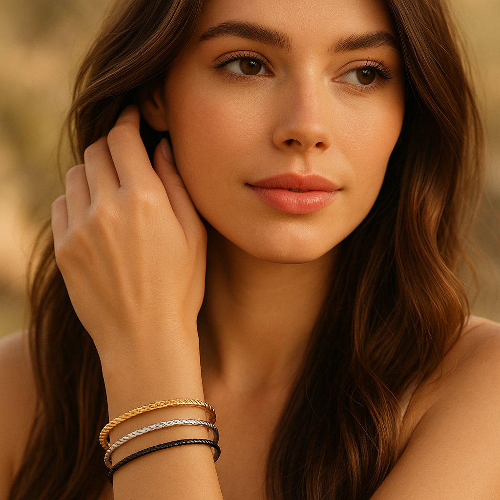 Set de 3 Pulseras Individuales Texturizadas · Oro Amarillo, Plata y Negro