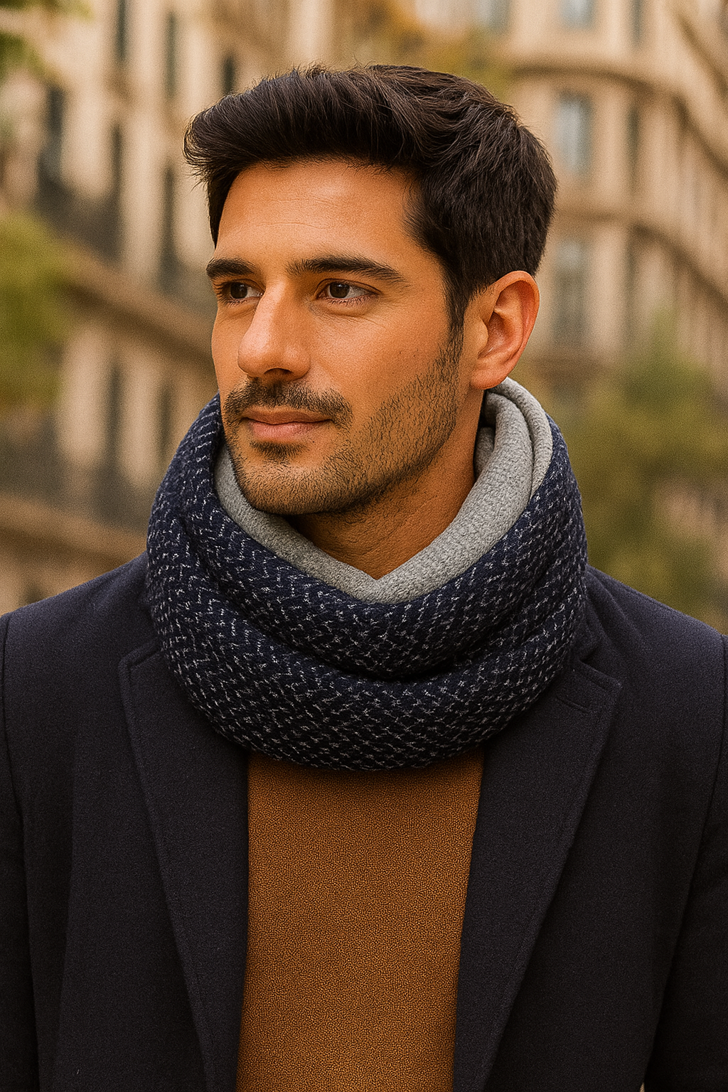 Bufanda Infinita Cuello Hombre · Tela doble Espiga Azul / Gris