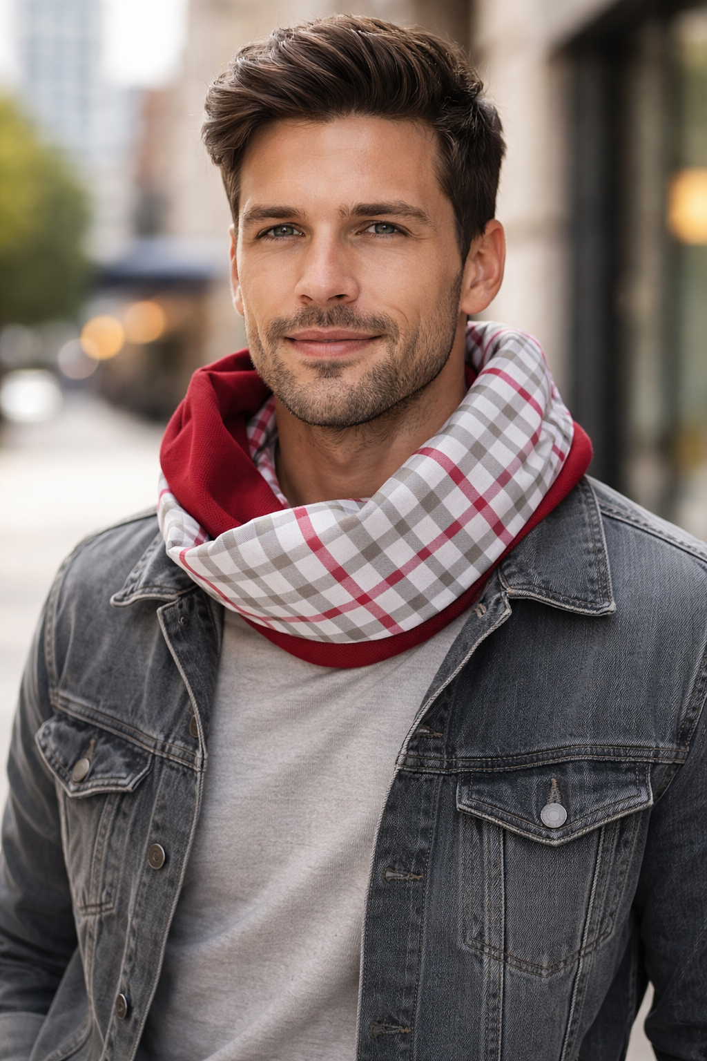 Fular Ligero Infinito de Hombre · Reversible Cuadrados / Rojo (última unidad!)