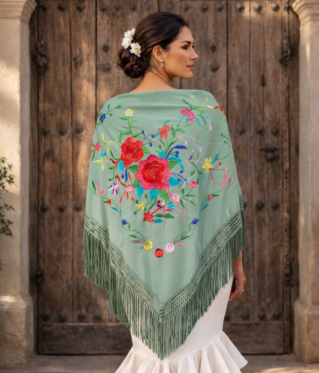 Mantón Flamenco Grande Bordado · Verde Jabonoso Multicolor Floral (160 x 85 cm)