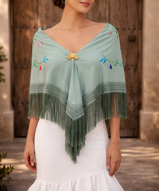 Mantón Flamenco Grande Bordado · Verde Jabonoso Multicolor Floral (160 x 85 cm)