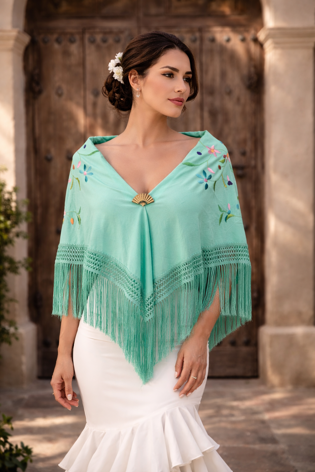Mantón Flamenco Grande Bordado · Verde Agua Multicolor (160 x 85cm) últimas unidades!