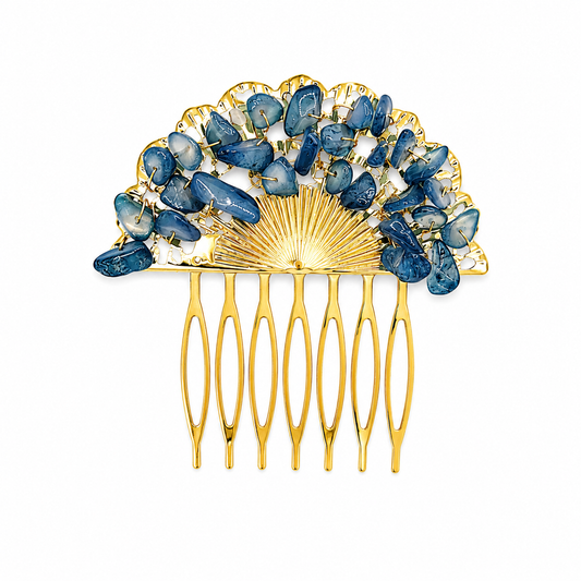 Peineta Dorada de Abanico con Piedras Naturales para Pelo | Adorno Elegante, Azul Marino