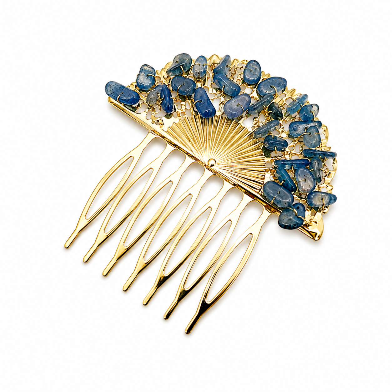 Peineta Dorada de Abanico con Piedras Naturales para Pelo | Adorno Elegante, Azul Marino