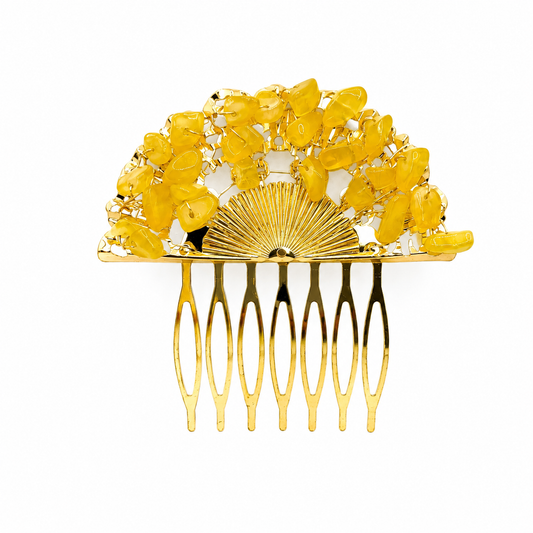 Peineta Dorada de Abanico con Piedras Naturales para Pelo | Adorno Elegante, Amarillo