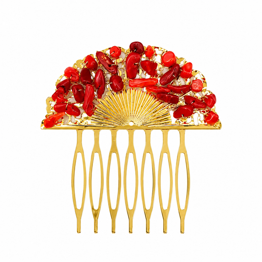 Peineta Dorada de Abanico con Piedras Naturales para Pelo | Adorno Elegante, Rojo Coral