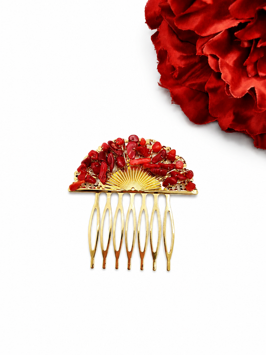 Peineta Dorada de Abanico con Piedras Naturales para Pelo | Adorno Elegante, Rojo Coral