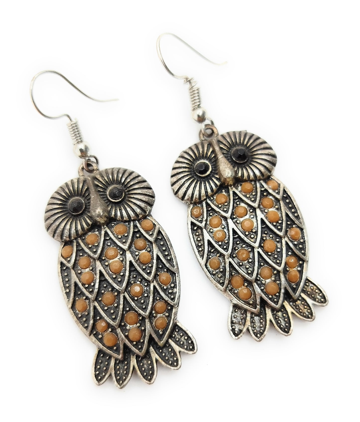 Pendientes Largos Plateados · Búho Plata Marrón