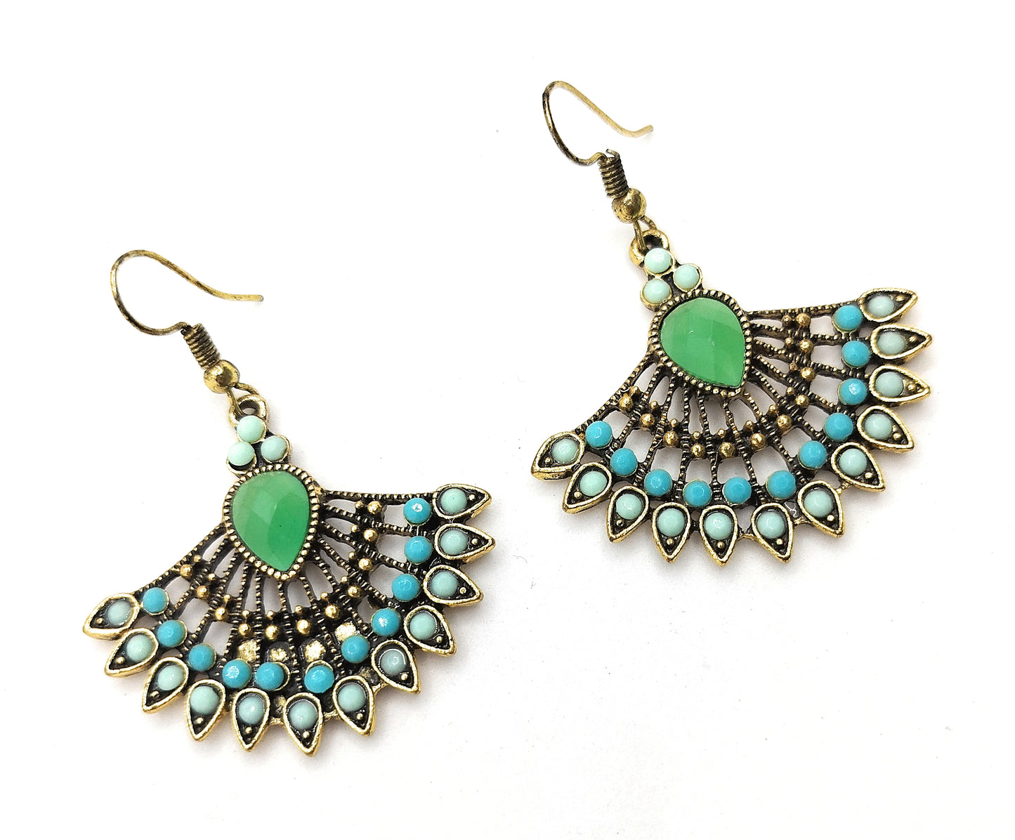 Pendientes Largos Dorados · Abanico Oro Cristales Verde Agua