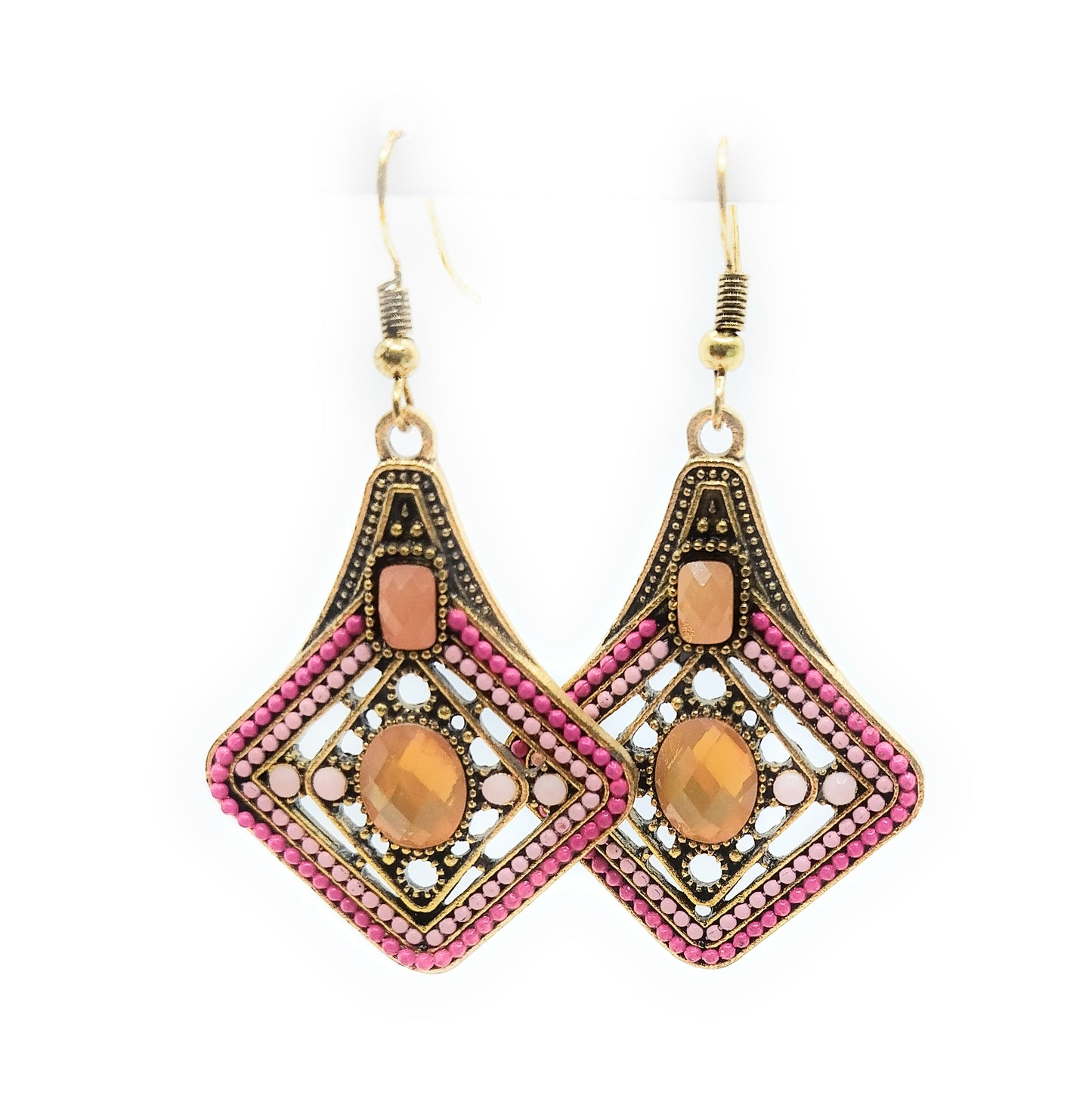 Pendientes Largos Dorados · Rombo Oro Rosa Fucsia
