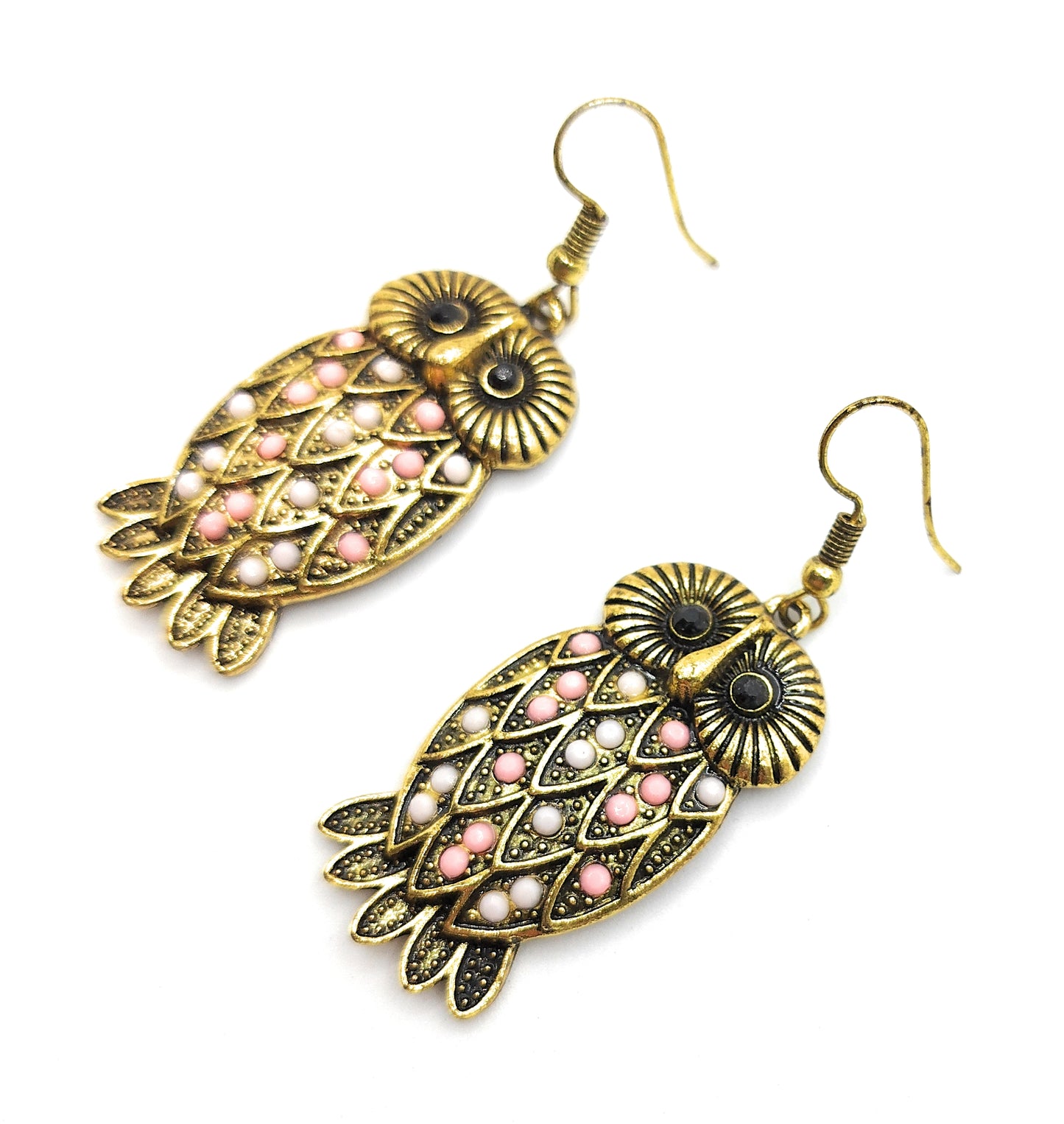 Pendientes Largos Dorados · Búho Oro Rosa Blanco