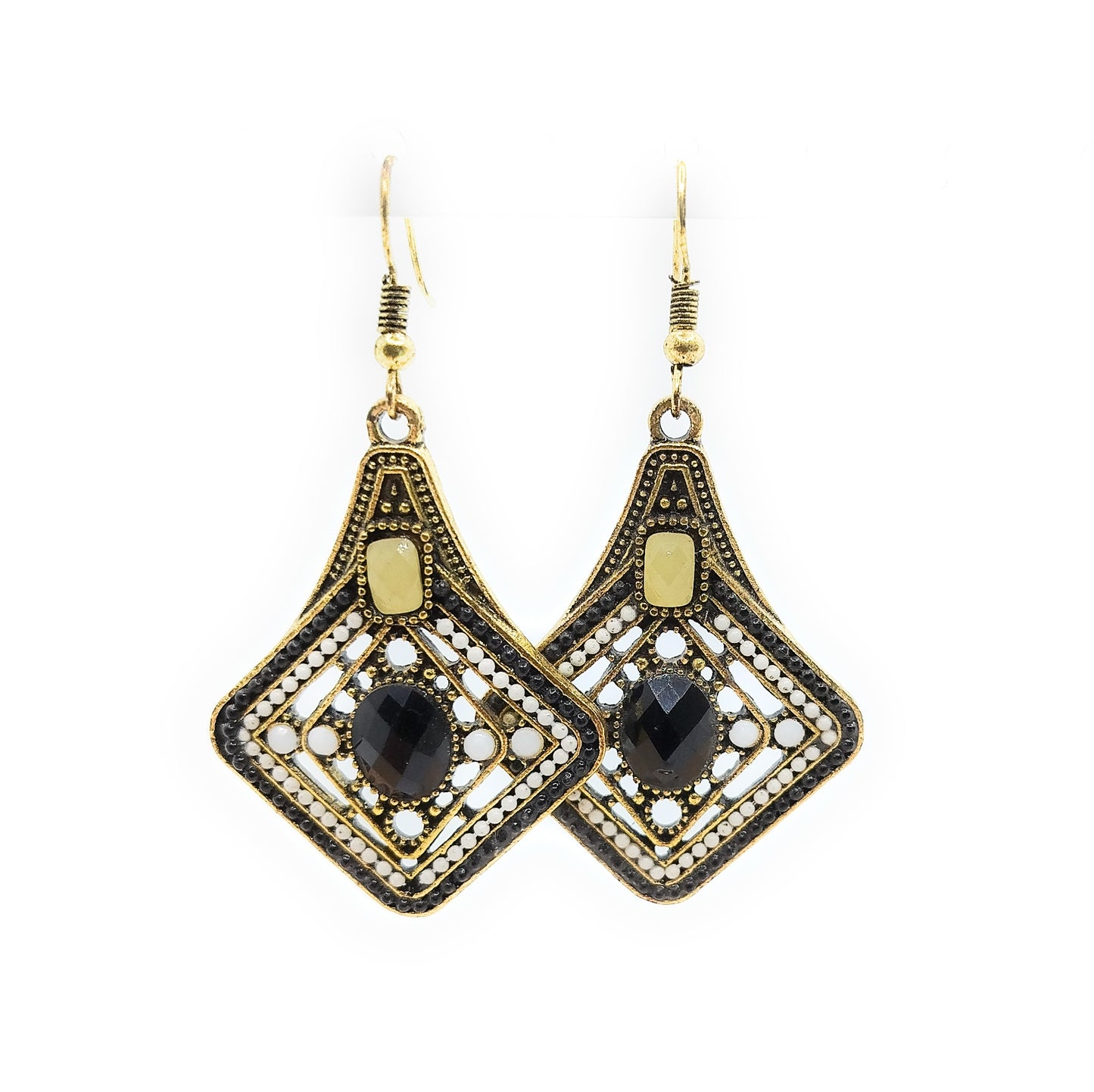 Pendientes Largos Dorados · Rombo Oro Blanco Negro